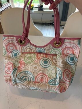 Coach Multicolor Circle Print Tote with Pink Trim and Handles